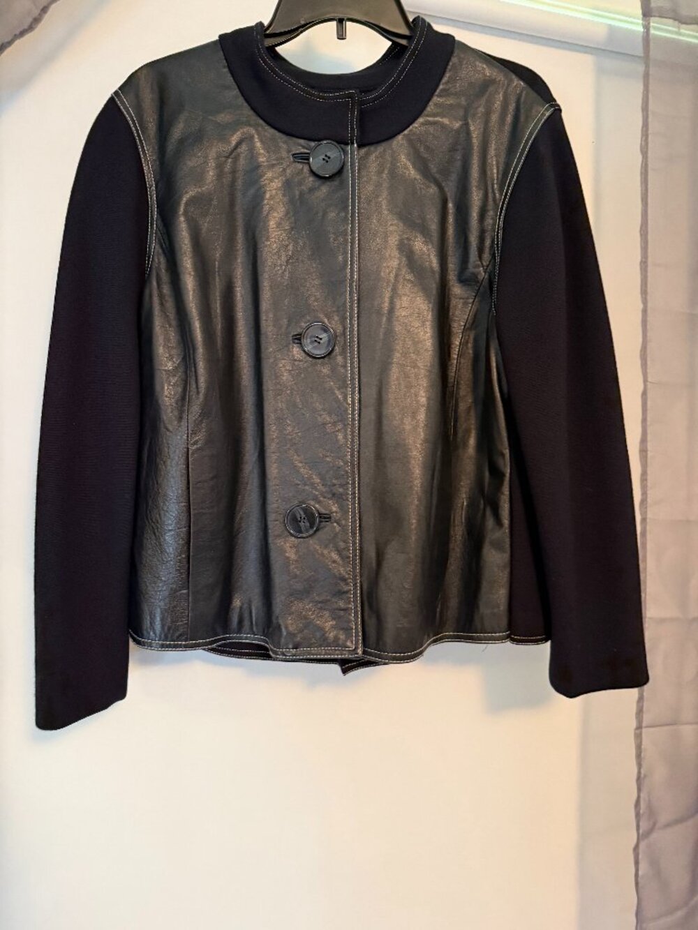 Jones New York Collection Genuine black Leather & Knit Jacket Contrast Stitching